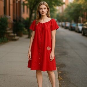 Vintage Red Embroidered Pocket House Coat